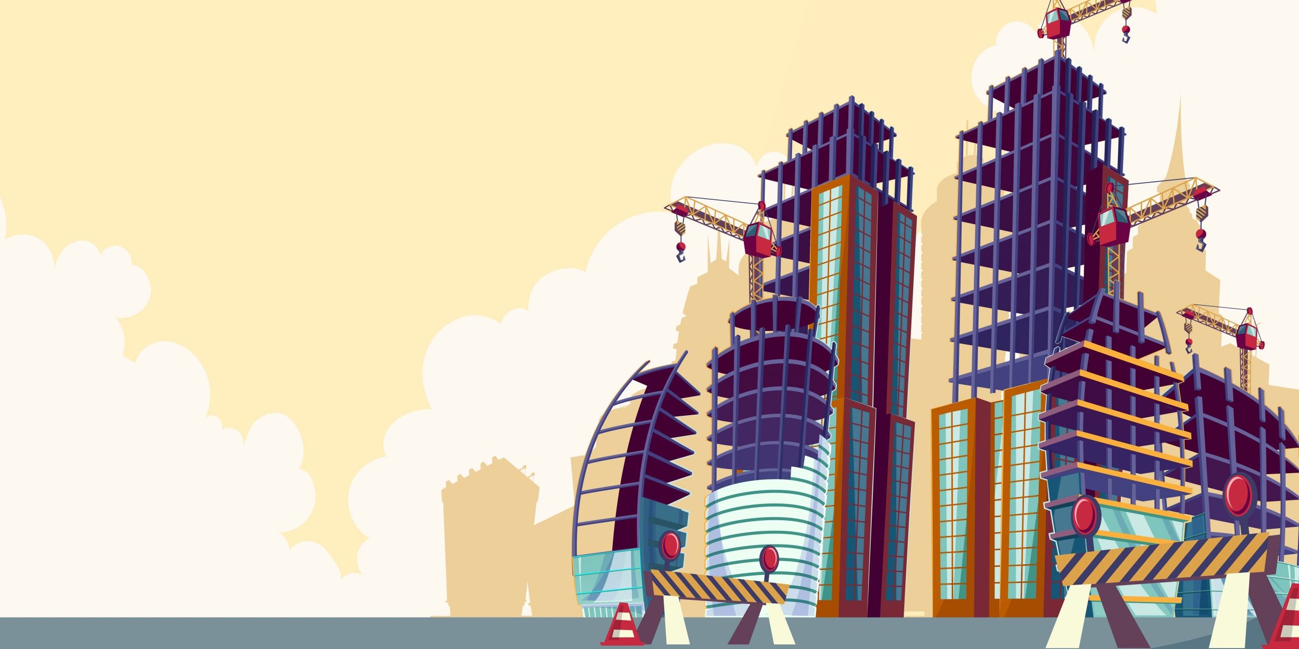 Vector cartoon illustration of the process of the construction of buildings with construction crane. Cartoon banner construction site